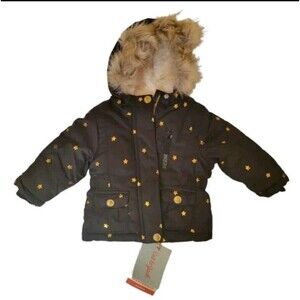 Cat & Jack Girls Black Gold Stars Hooded Snow Winter Parka Lined Jacket 4T New
